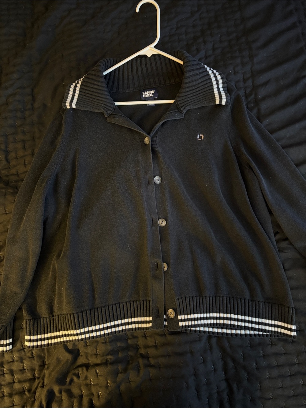 Lands' End Black Cardigan with White Stripe Trim